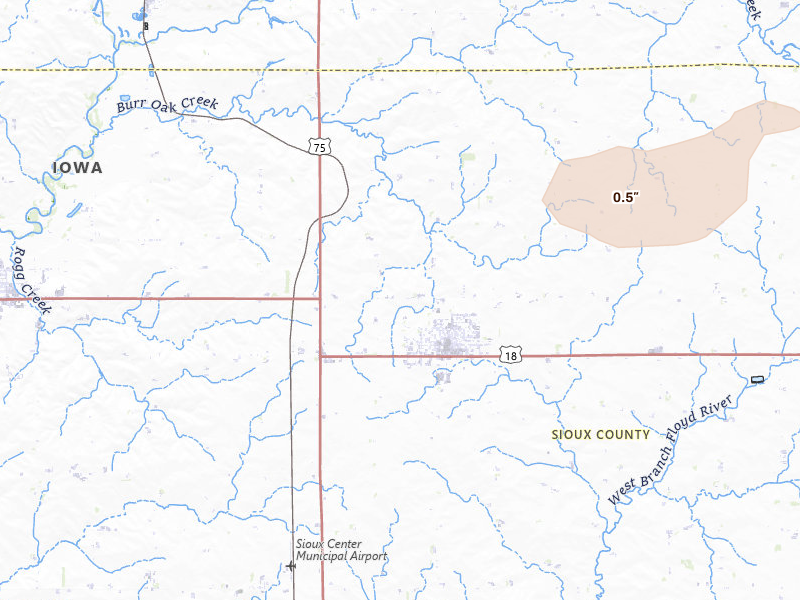 Radar-estimated hail-size map of the storm over Hull, IA on Jun 1, 2026