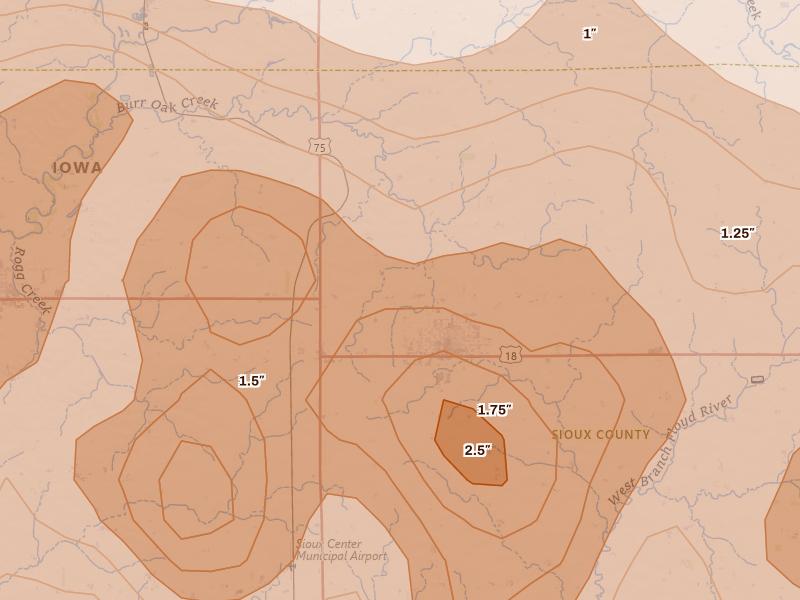 Radar-estimated hail-size map of the storm over Hull, IA on Jun 27, 2026
