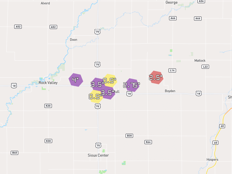 Hail map of Hull, IA on Jun 28, 2026, hail up to 4"