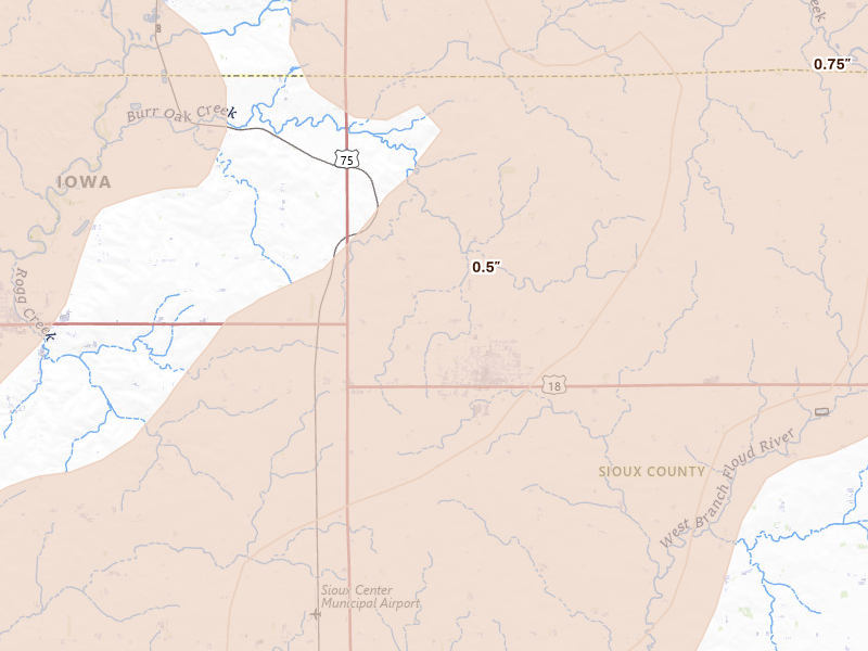 Radar-estimated hail-size map of the storm over Hull, IA on Jun 29, 2026