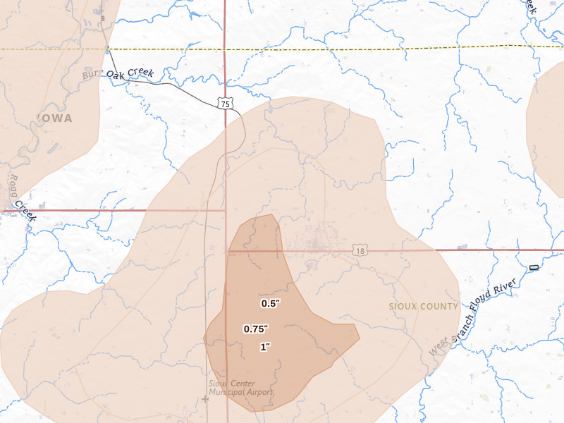 Radar-estimated hail-size map of the storm over Hull, IA on Jun 30, 2026