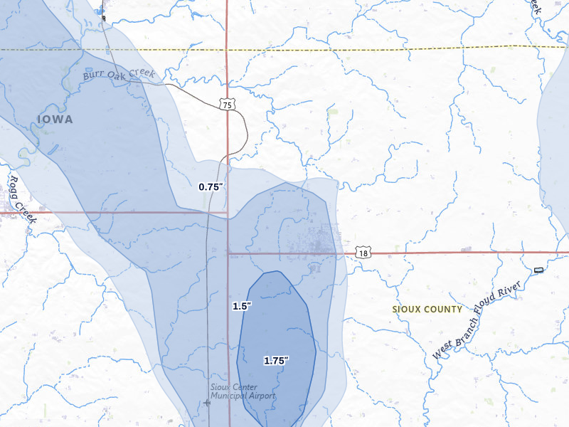 NEXRAD radar-signature map of the hail storm over Hull, IA on Jun 30, 2026