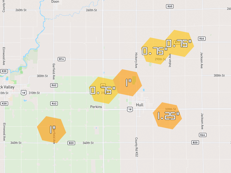 Hail map of Hull, IA on Jun 30, 2026, hail up to 1.25"