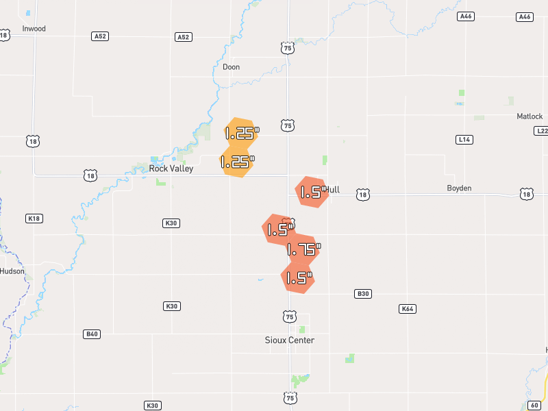 Hail map of Hull, IA on Jul 1, 2026, hail up to 1.75"