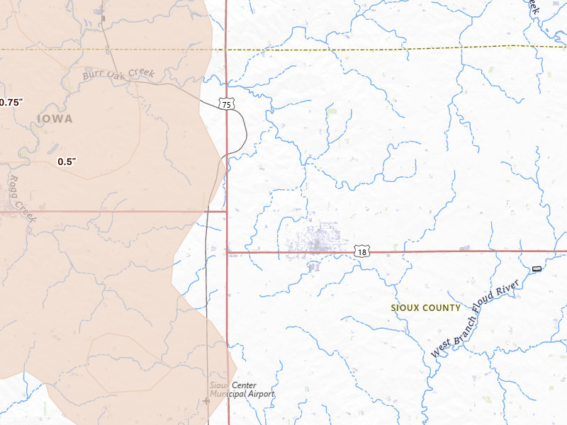 Radar-estimated hail-size map of the storm over Hull, IA on Jul 4, 2026