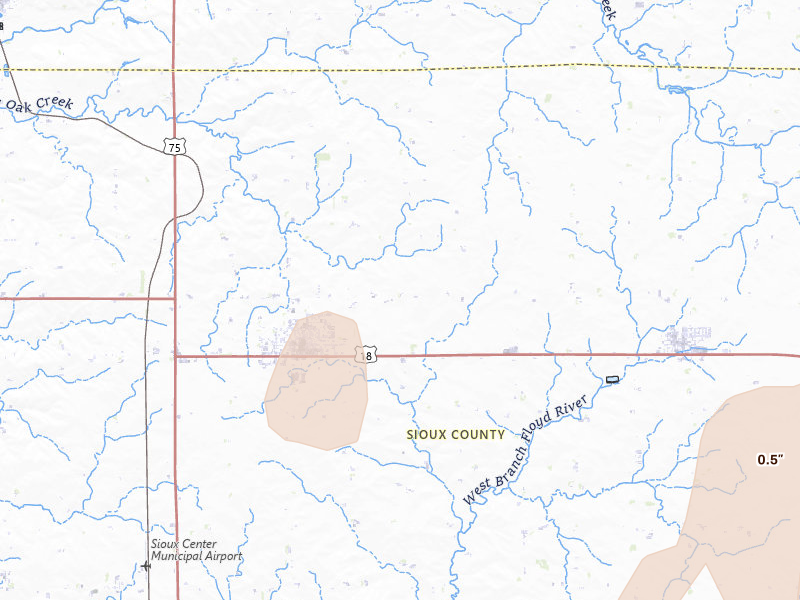 Radar-estimated hail-size map of the storm over Hull, IA on Sep 1, 2026
