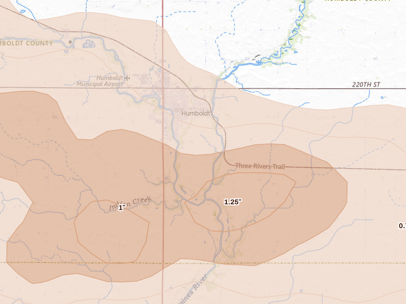 Radar-estimated hail-size map of the storm over Humboldt, IA on May 15, 2026