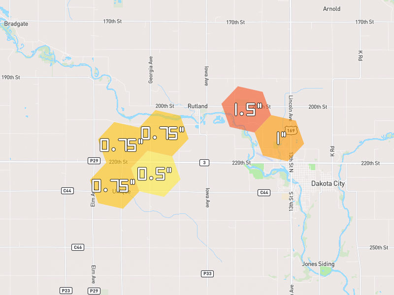 Hail map of Humboldt, IA on Jul 2, 2026, hail up to 1.5"