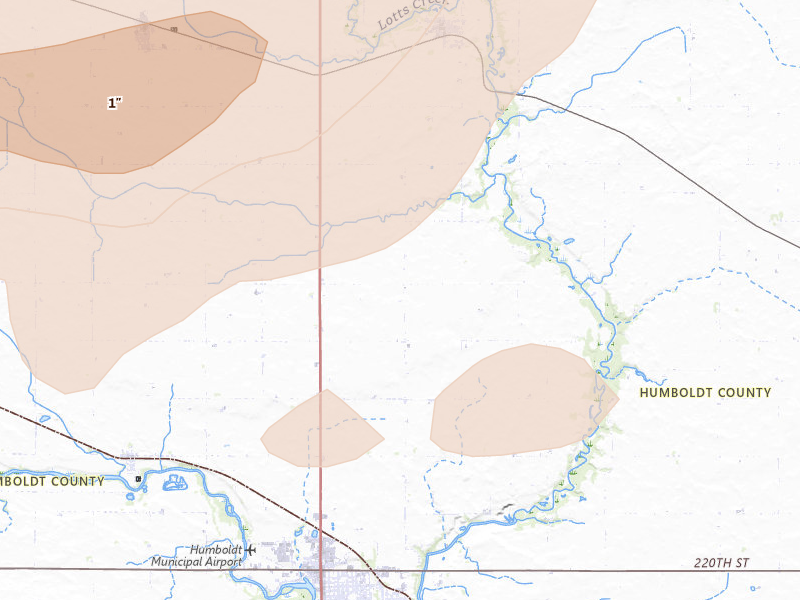 Radar-estimated hail-size map of the storm over Humboldt, IA on Aug 8, 2026