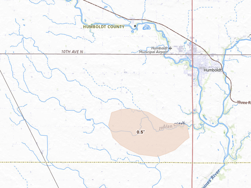 Radar-estimated hail-size map of the storm over Humboldt, IA on Aug 12, 2026