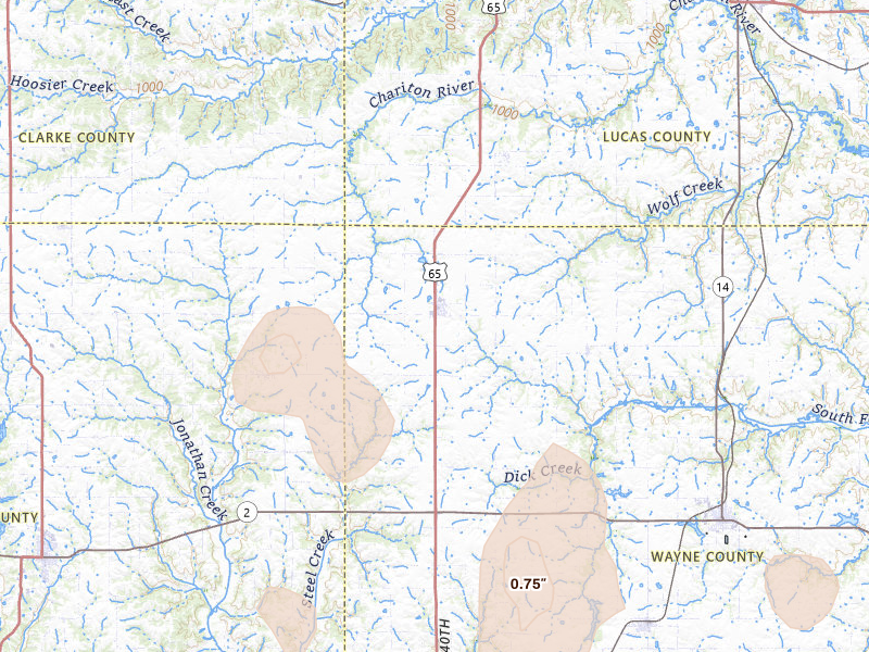 Radar-estimated hail-size map of the storm over Humeston, IA on May 16, 2026