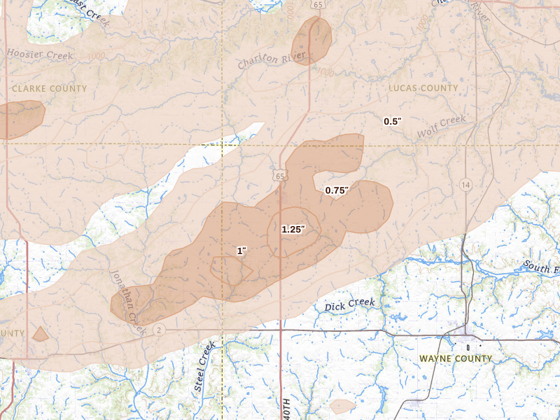 Radar-estimated hail-size map of the storm over Humeston, IA on Jun 10, 2026