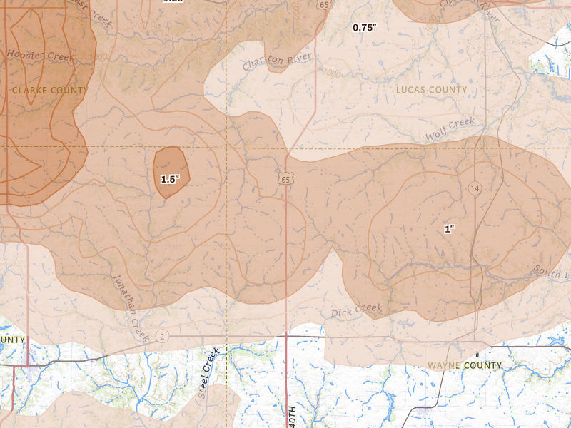 Radar-estimated hail-size map of the storm over Humeston, IA on Jun 11, 2026