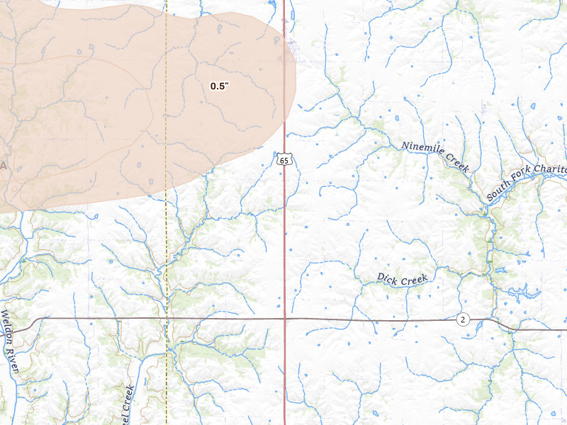 Radar-estimated hail-size map of the storm over Humeston, IA on Aug 4, 2026