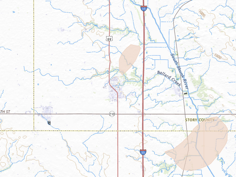 Radar-estimated hail-size map of the storm over Huxley, IA on Mar 6, 2026