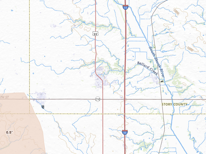 Radar-estimated hail-size map of the storm over Huxley, IA on Mar 30, 2026