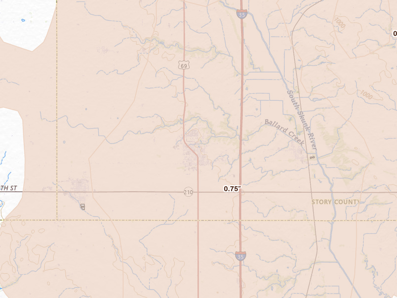 Radar-estimated hail-size map of the storm over Huxley, IA on Jun 11, 2026