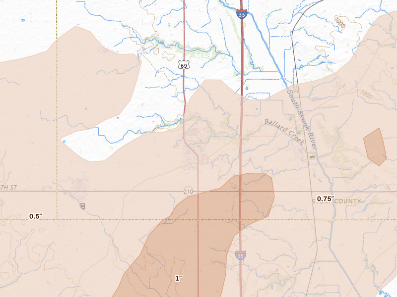 Radar-estimated hail-size map of the storm over Huxley, IA on Jul 2, 2026
