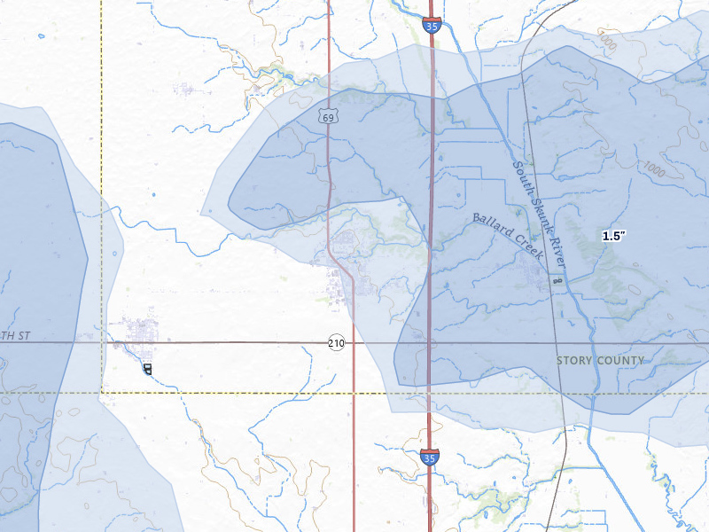 NEXRAD radar-signature map of the hail over Huxley, IA