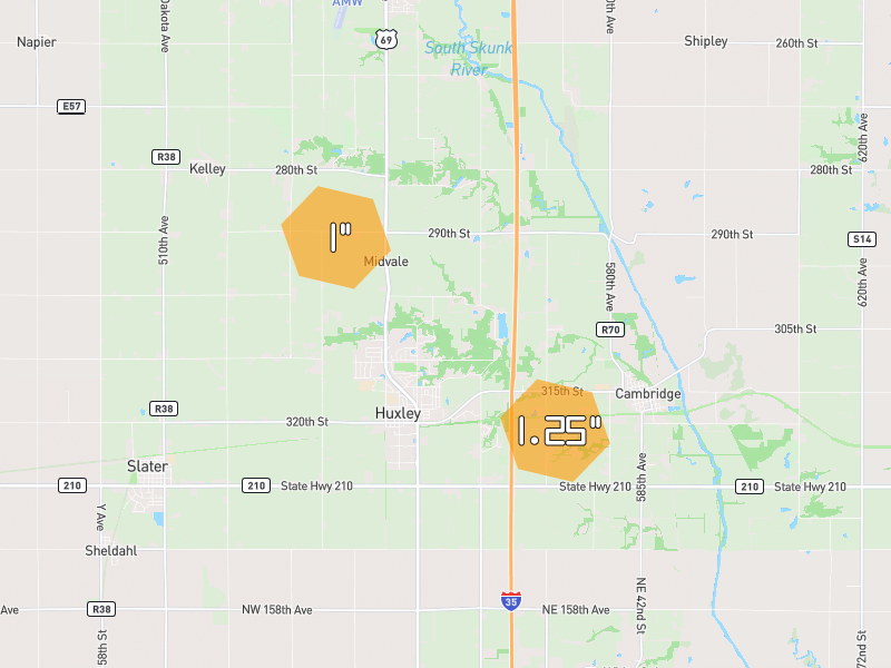 Hail map of Huxley, IA on Jul 3, 2026, hail up to 1.25"