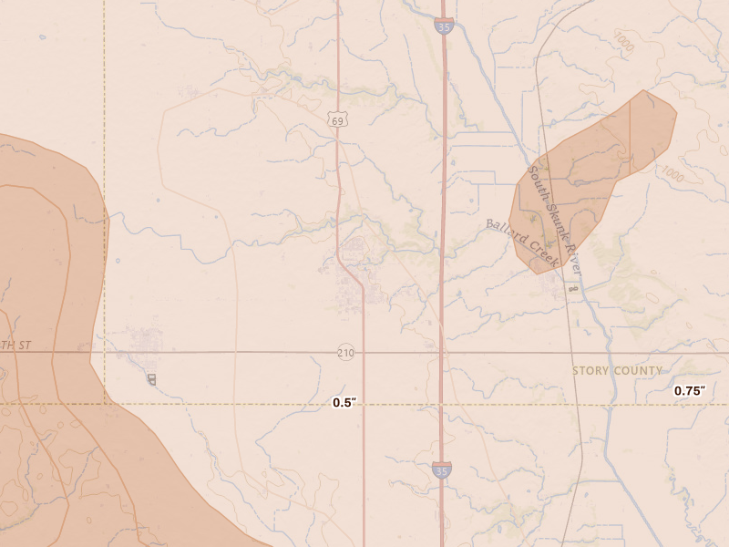 Radar-estimated hail-size map of the storm over Huxley, IA on Jul 20, 2026