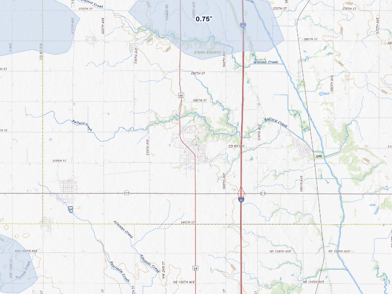NEXRAD radar-signature map of the hail storm over Huxley, IA on Aug 12, 2026