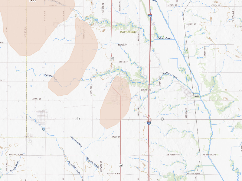 Radar-estimated hail-size map of the storm over Huxley, IA on Oct 8, 2026