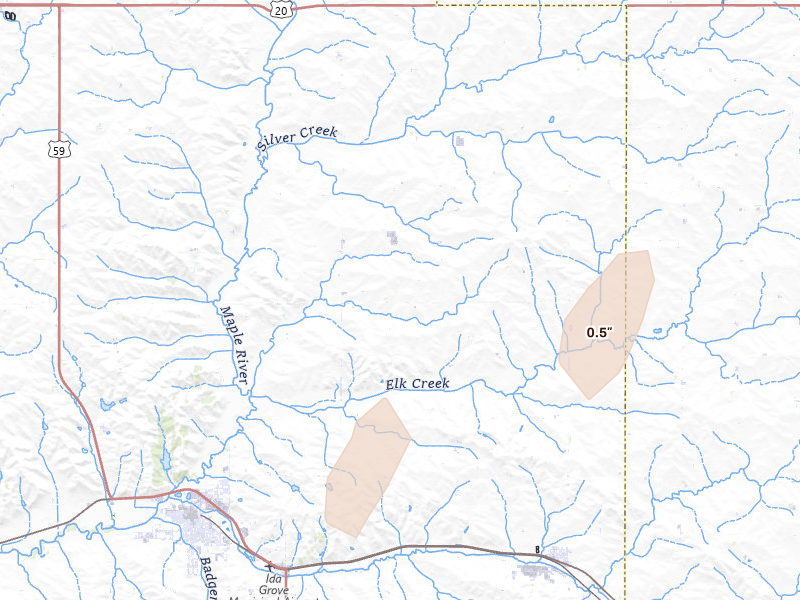 Radar-estimated hail-size map of the storm over Ida Grove, IA on Jun 27, 2026