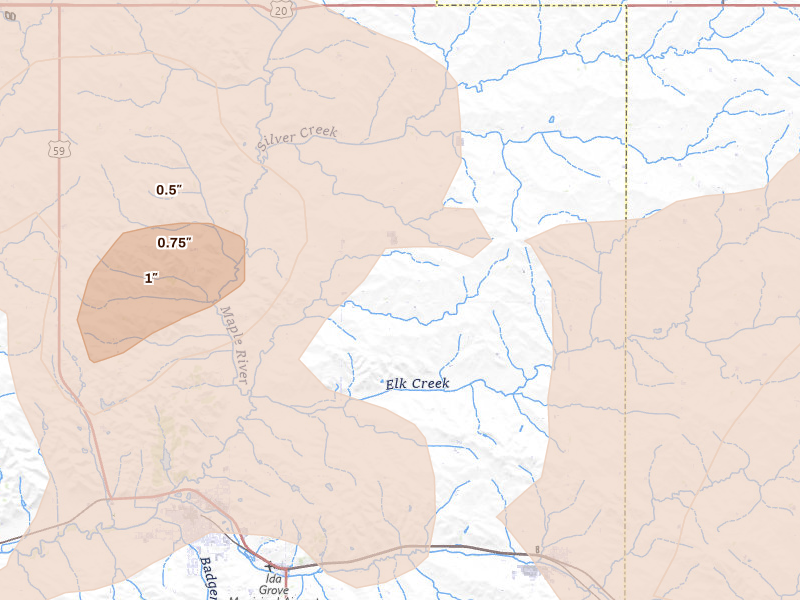 Radar-estimated hail-size map of the storm over Ida Grove, IA on Jul 8, 2026