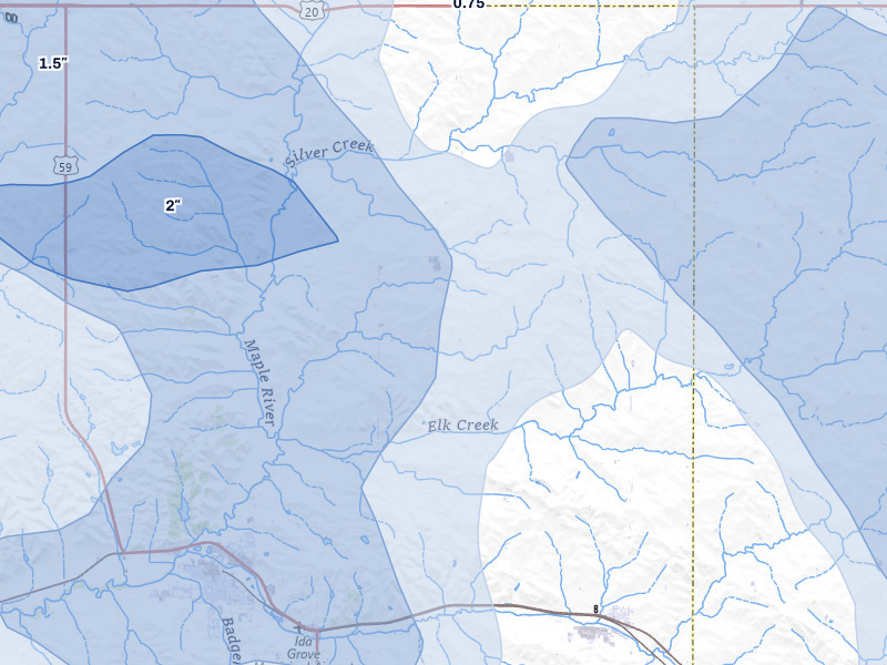 NEXRAD radar-signature map of the hail storm over Ida Grove, IA on Jul 8, 2026