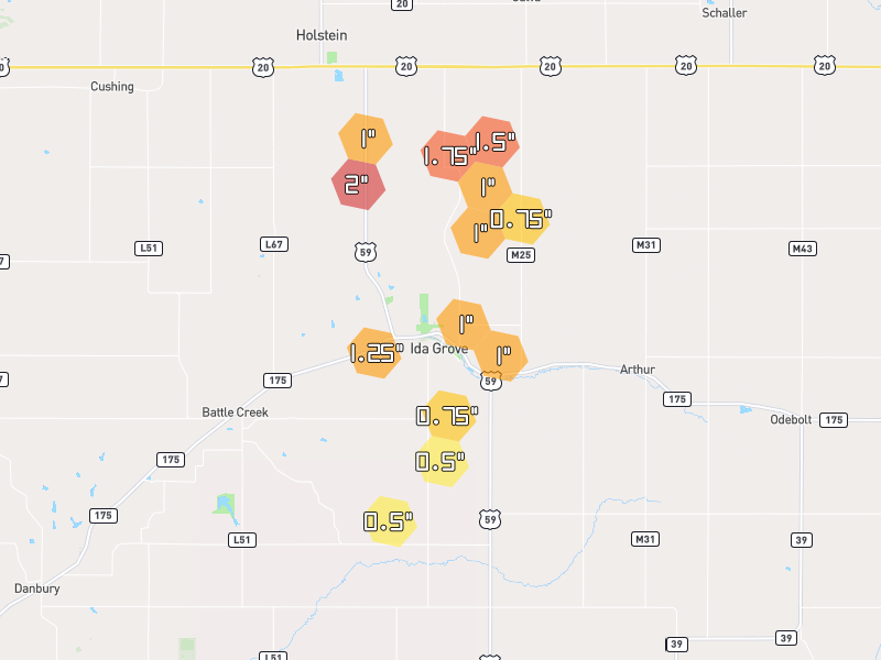 Hail map of Ida Grove, IA on Jul 8, 2026, hail up to 2"