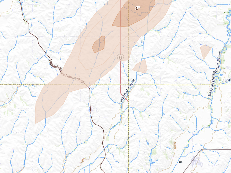 Radar-estimated hail-size map of the storm over Imogene, IA on Mar 6, 2026