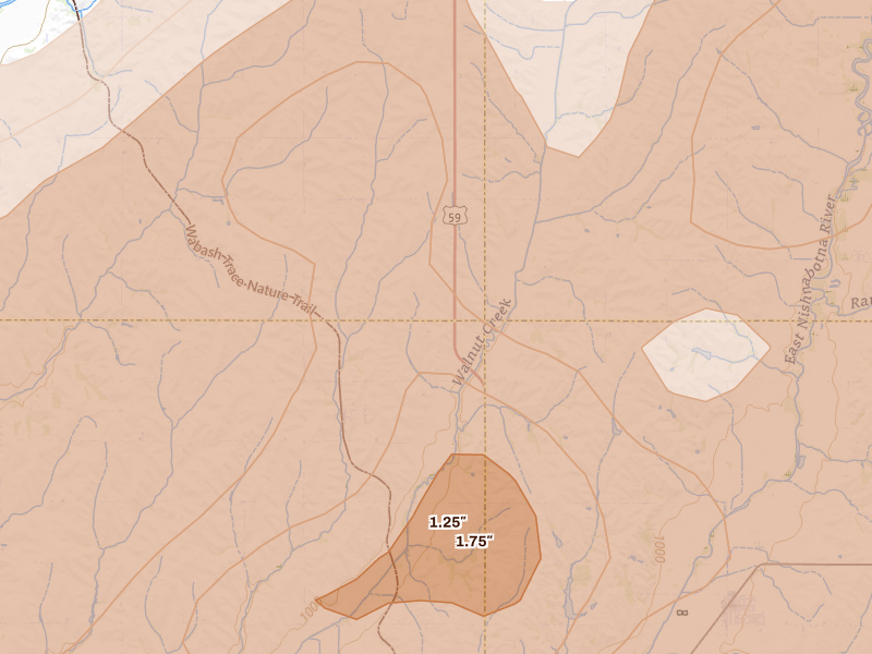 Radar-estimated hail-size map of the storm over Imogene, IA on Jun 10, 2026