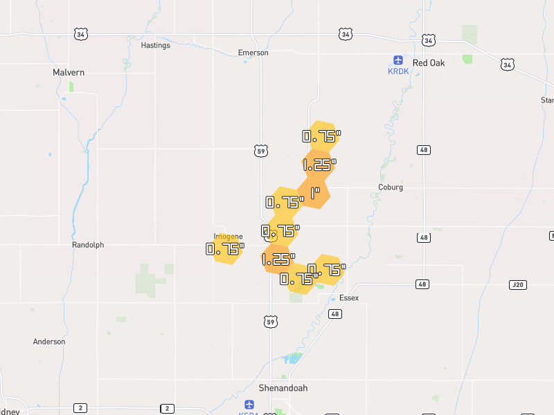 Hail map of Imogene, IA on Jul 1, 2026, hail up to 1.25"