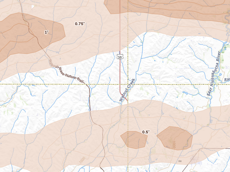 Radar-estimated hail-size map of the storm over Imogene, IA on Aug 4, 2026