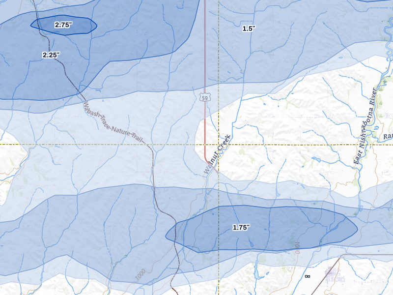 NEXRAD radar-signature map of the hail storm over Imogene, IA on Aug 4, 2026