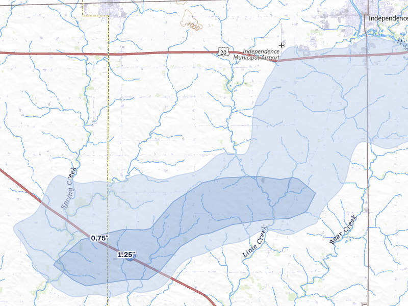 NEXRAD radar-signature map of the hail storm over Independence, IA on Mar 6, 2026