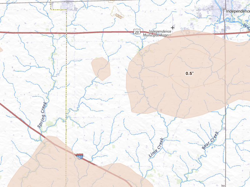 Radar-estimated hail-size map of the storm over Independence, IA on Jul 2, 2026
