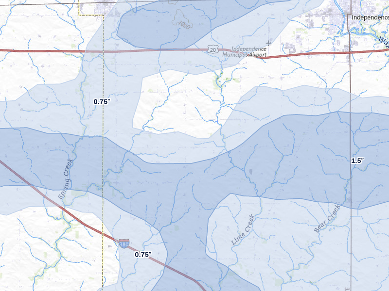 NEXRAD radar-signature map of the hail over Independence, IA