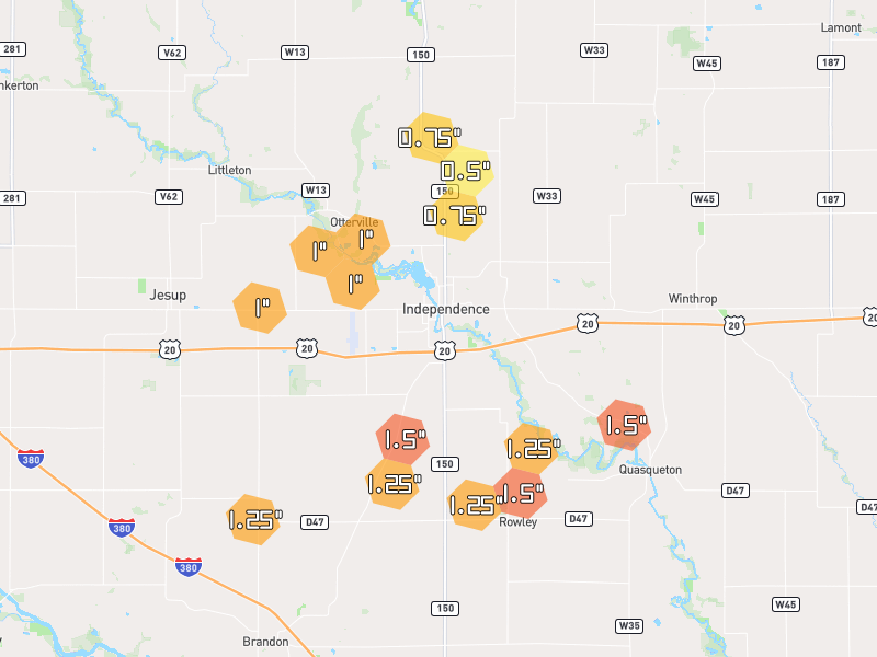 Hail map of Independence, IA on Jul 2, 2026, hail up to 1.5"
