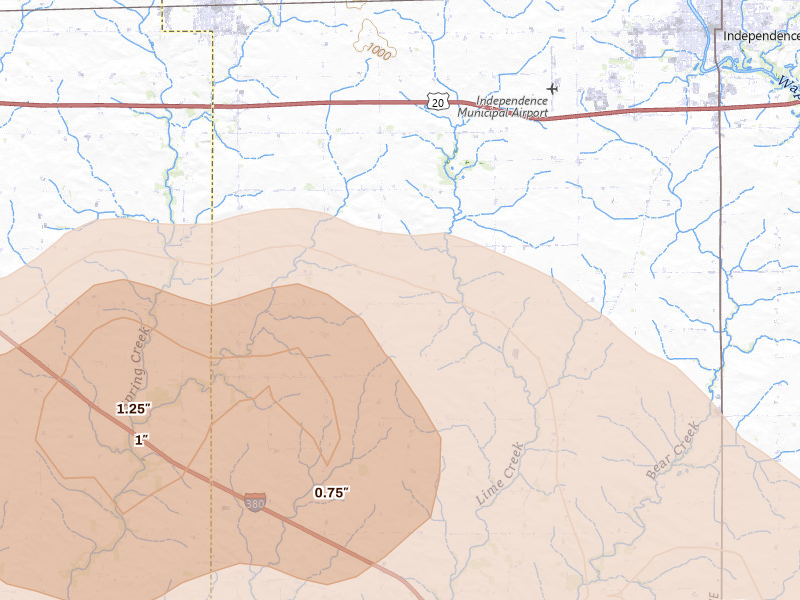 Radar-estimated hail-size map of the storm over Independence, IA on Aug 7, 2026