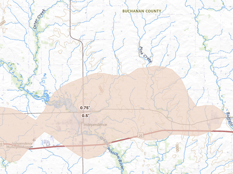 Radar-estimated hail-size map of the storm over Independence, IA on Aug 11, 2026