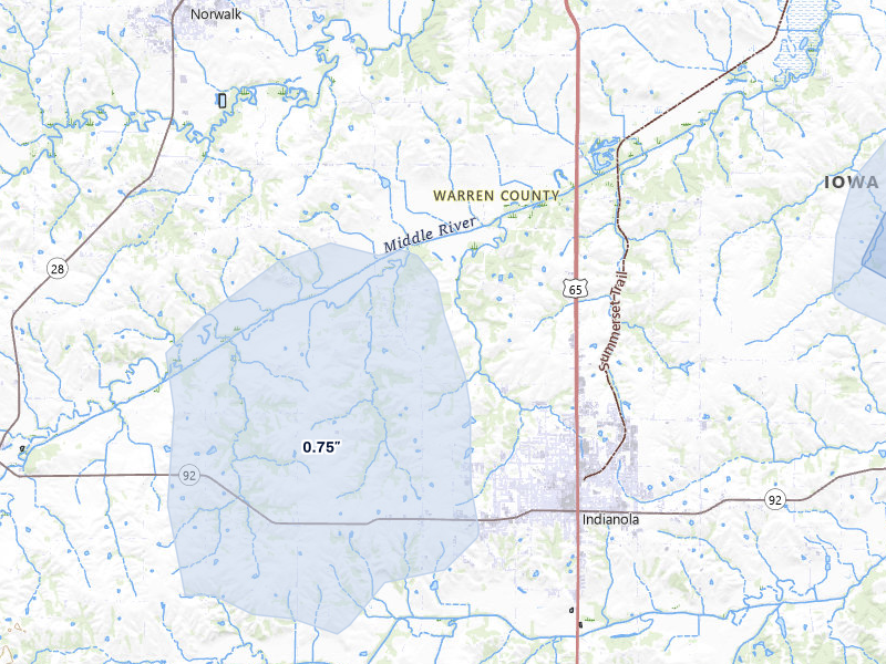 NEXRAD radar-signature map of the hail storm over Indianola, IA on Jun 5, 2026