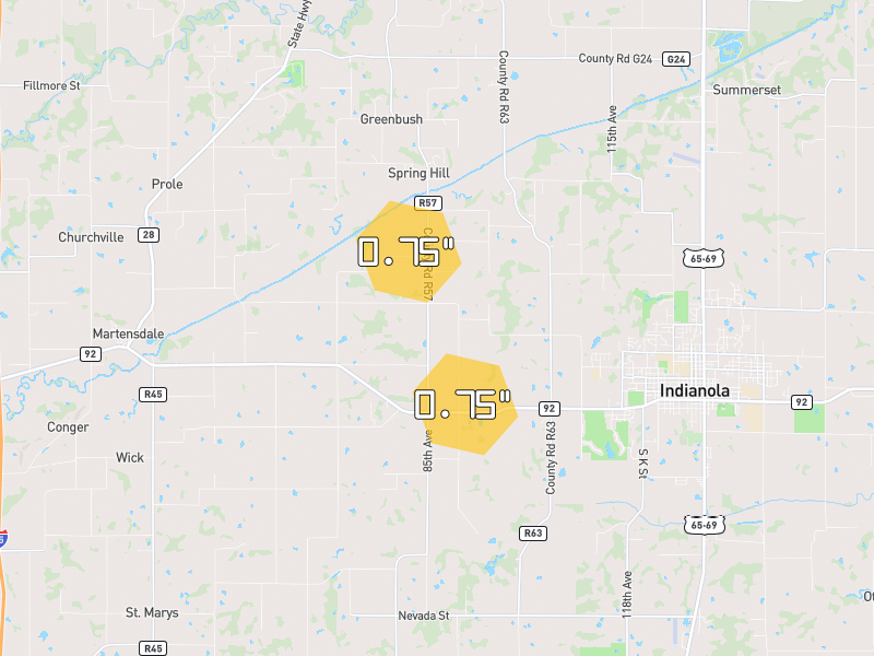 Hail map of Indianola, IA on Jun 6, 2026, hail up to 0.75"