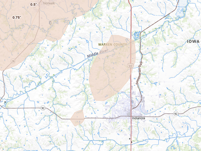 Radar-estimated hail-size map of the storm over Indianola, IA on Jul 3, 2026