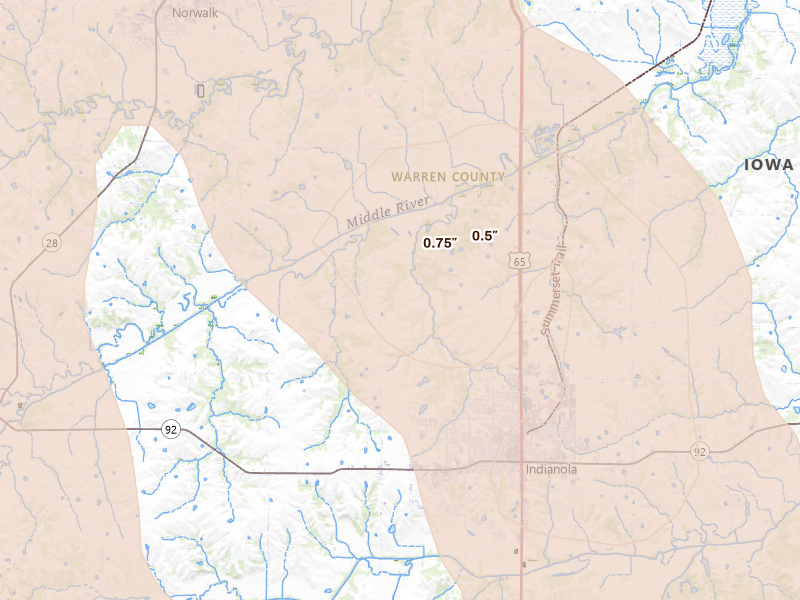Radar-estimated hail-size map of the storm over Indianola, IA on Jul 20, 2026