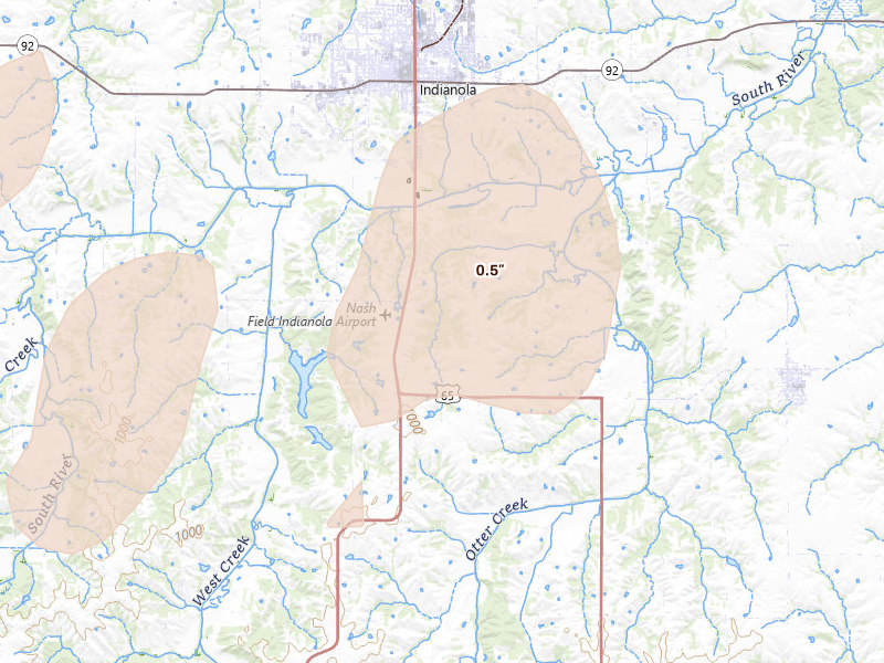 Radar-estimated hail-size map of the storm over Indianola, IA on Aug 13, 2026
