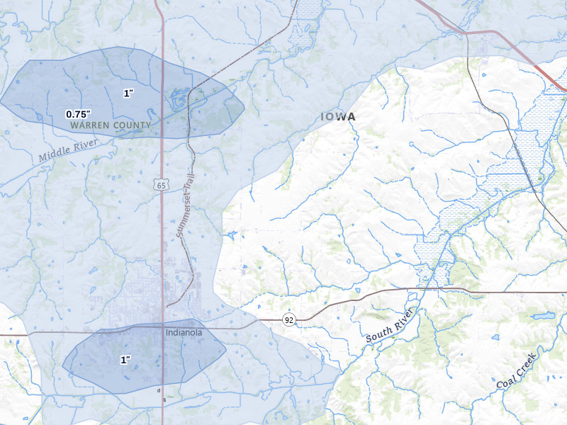 NEXRAD radar-signature map of the hail storm over Indianola, IA on Aug 13, 2026