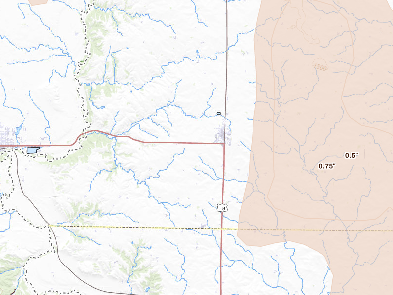 Radar-estimated hail-size map of the storm over Inwood, IA on Jun 30, 2026