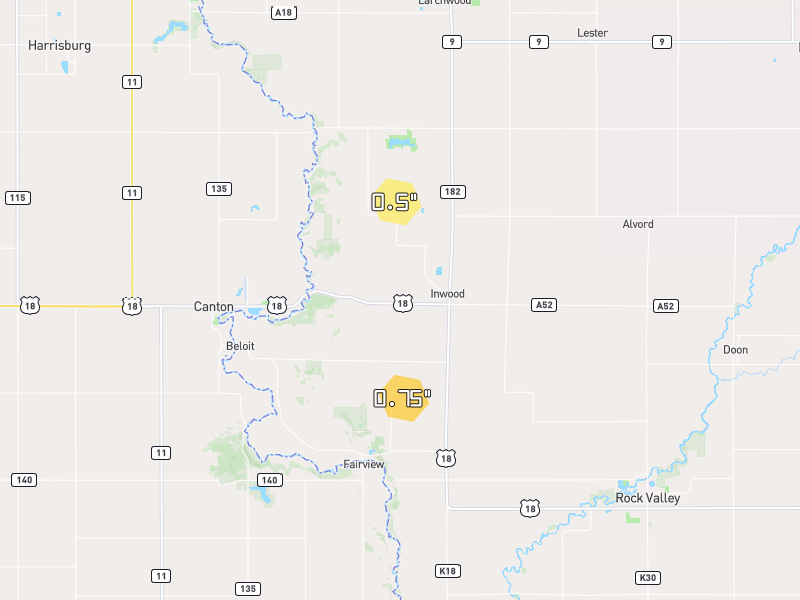Hail map of Inwood, IA on Jun 30, 2026, hail up to 0.75"